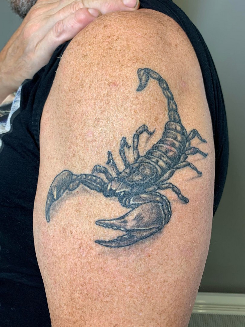 babylone tattoo scorpion realisme noir ombrages epaule bras homme femme